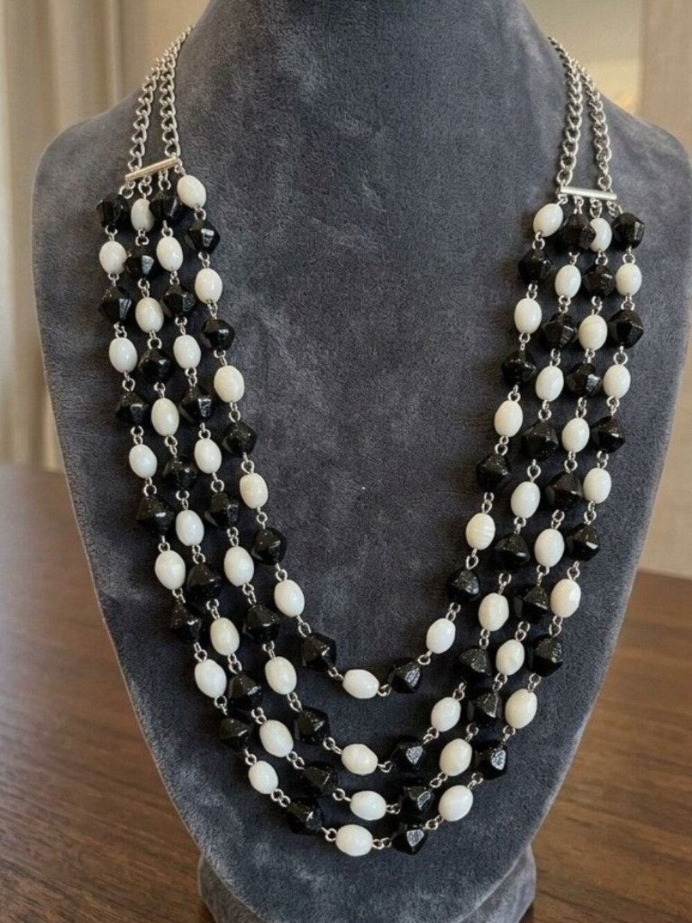 Multi-Strand White & Black Beaded Necklace